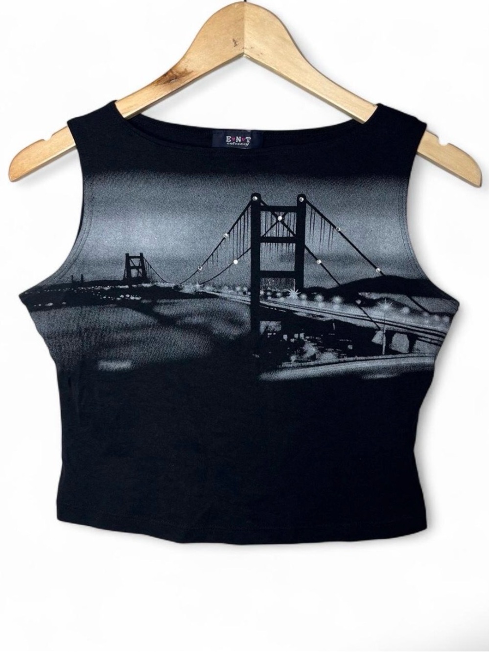 Y2K Vintage ENT Black San Francisco Brigde High Neck Sleeveless Baby Tee Tank